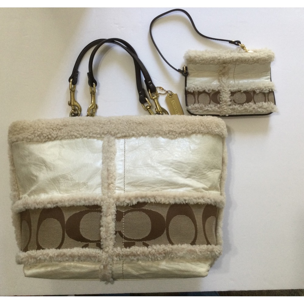 Coach Signature and Sherpa Trim Tote and Wristlet Bundle